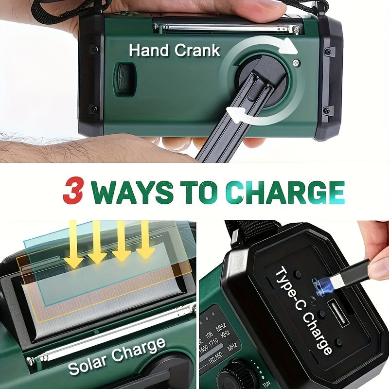 Radio Awaryjne 10 000 mAh z Powerbankiem, Panel Słoneczny, Korba, USB-C, LED, Alarm SOS, Kompas – Wielofunkcyjne, Kompaktowe 3