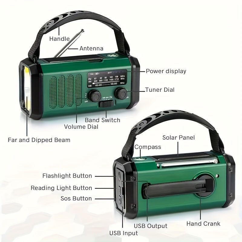 Radio Awaryjne 10 000 mAh z Powerbankiem, Panel Słoneczny, Korba, USB-C, LED, Alarm SOS, Kompas – Wielofunkcyjne, Kompaktowe 4