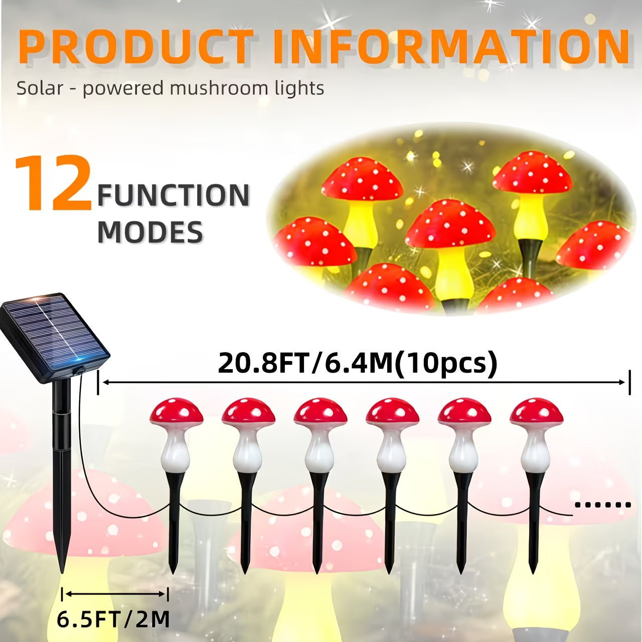 Solarne Lampki Ogrodowe LED Grzybki 10 szt | 12 Trybów | Wodoodporne IPX4 | Dekoracja Ogrodu